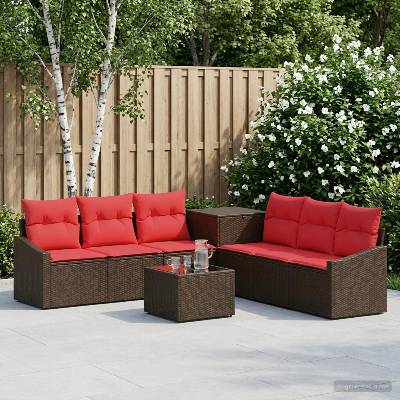 vidaXL Комплект дивани 8 бр. Кафяво и червено Полиротан и стомана (3448219)