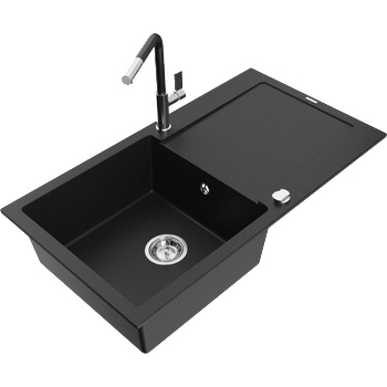 Mexen Leo гранитна кухненска мивка с 1 камера с отцедник и кухненски смесител Flora, черен - 6501-77-670401-07 (6501-77-670401-07)