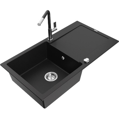 Mexen Leo гранитна кухненска мивка с 1 камера с отцедник и кухненски смесител Flora, черен - 6501-77-670401-07 (6501-77-670401-07)