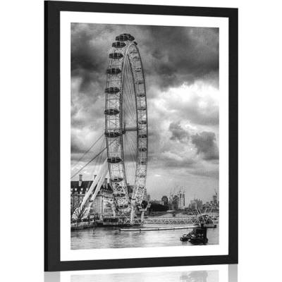 Plakát s paspartou jedinečný Londýn a řeka Temže v černobílém provedení - 30x45 no frame
