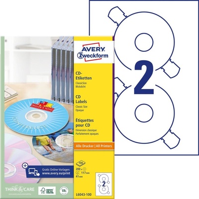Avery-Zweckform L6043-100 Ø 117 mm papier biela 200 ks trvalé štítky CD atrament, laser
