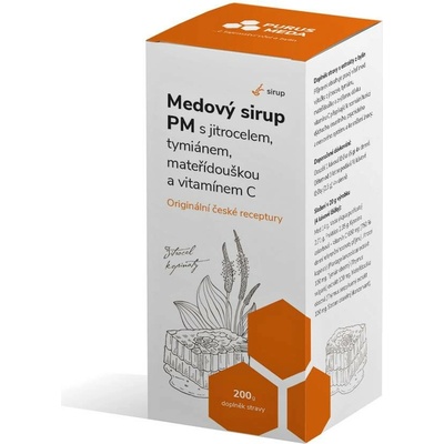Purus Meda PM Medový sirup s jitrocelem, tymiánem, mateřídouškou a vitamínem C 200 g