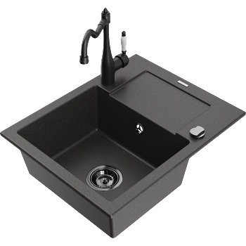 Mexen Enzo гранитна кухненска мивка с 1 отделение и отцедник и кухненски смесител Carla, черен на пръски - 6506-76-670700-70-B (6506-76-670700-70-B)