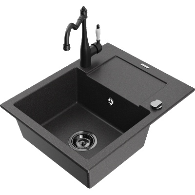 Mexen Enzo гранитна кухненска мивка с 1 отделение и отцедник и кухненски смесител Carla, черен на пръски - 6506-76-670700-70-B (6506-76-670700-70-B)