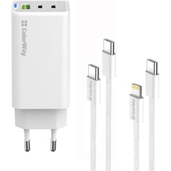 ColorWay AC зарядно устройство GaN Mini CW-CHS058PDCL-WT 65W PD порт PPS USB (USB-2C1A) кабел Type-C и Lightning (CW-CHS058PDCL-WT)