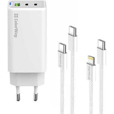 ColorWay AC зарядно устройство GaN Mini CW-CHS058PDCL-WT 65W PD порт PPS USB (USB-2C1A) кабел Type-C и Lightning (CW-CHS058PDCL-WT)