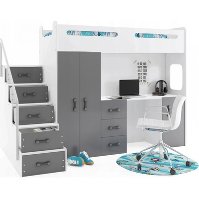 Interbeds MAX 4 poschodová komplet + matrac + písací stôl + šatník sivo biela