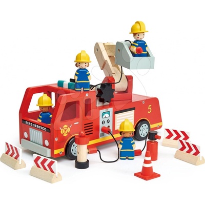 Tender Leaf Toys Drevené hasičské auto Fire Engine s funkčnou plošinou a 4 hasiči s doplnkami