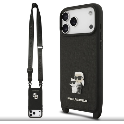 Karl Lagerfeld Saffiano Crossbody Popruh Metal Karl and Choupette Zadní Kryt pro iPhone 17 Pro Max Black – Sleviste.cz