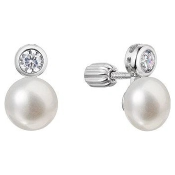 Evolution Group strieborné náušnice kôstky s riečnou perlou button a jedným zirkónom 21089.1B