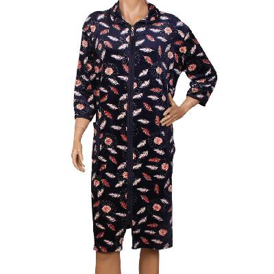 Макси плюшен халат в тъмносиньо с пера и рози