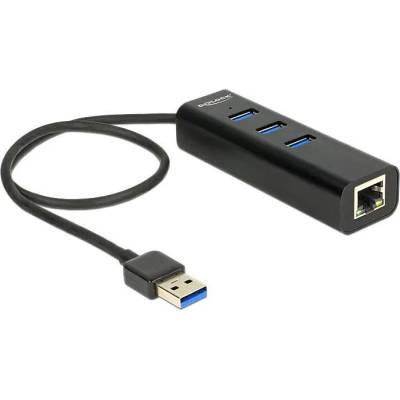 Delock USB хъб Delock, 3 x USB 3.0 + 1 порт Gigabit LAN, Черен (DELOCK-62653)