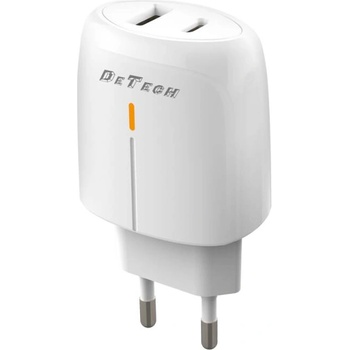 DeTech Мрежово зарядно устройство DeTech DE-31, 20W, 1 x Type-C F, 1 x USB F, PD, QC, Бял - 40318