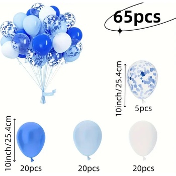 Комплект 65 броя балони 25 см. в синьо, бяло и с конфети 8404