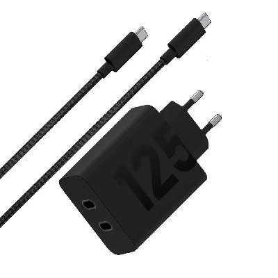 Зарядно устройство Motorola TurboPower Duo, от контакт към 2x USB-C(ж), 6.5A, черно, 125W, кабел от USB-C(м) към USB-C(м) (PG38C06632)