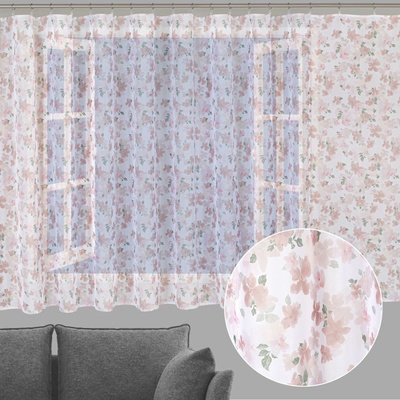 Voál - Růžovo-béžové akvarelové květy na bílém - ZAC-017 - výška 150 cm Šití na míru