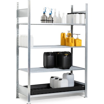 DENIOS Regál pre malé nádoby, základné pole, 3x mrežový rošt, záchytná vaňa z PE, 1360 x 637 x 2000 mm