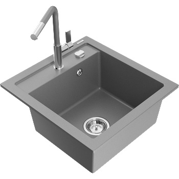 Mexen Vito гранитна кухненска мивка 1-каморова с кухненски смесител Flora, сива - 6503-71-670401-06 (6503-71-670401-06)