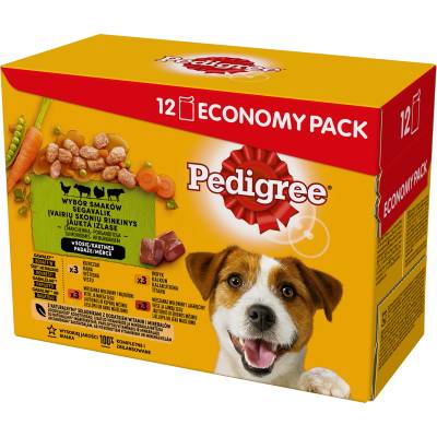 PEDIGREE Adult пакетчета 12x100 g - Избор от вкусове със зеленчуци в сос - пълноценна влажна храна за възрастни кучета (парчета с високо съдържание на пилешко месо, парчета с високо съдържание на говеждо месо и черен дроб, парчета с високо съдържание на п