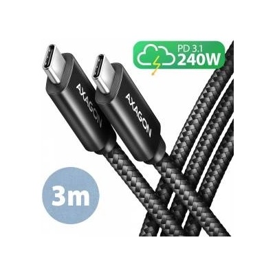 AXAGON BUCM2-CM30AB USB-C cable - USB-C, 3.0m 5A charging, ALU, 240W PD, braid, USB2.0
