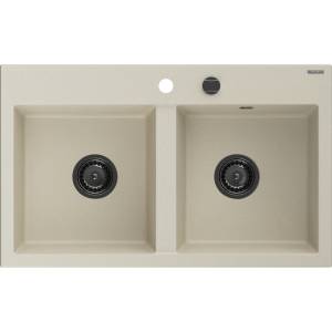 Mexen Hektor гранитна мивка с 2 отделения 800 x 480 mm, бежова, черен сифон - 6521802000-69-B (6521802000-69-B) Мивка за вграждане