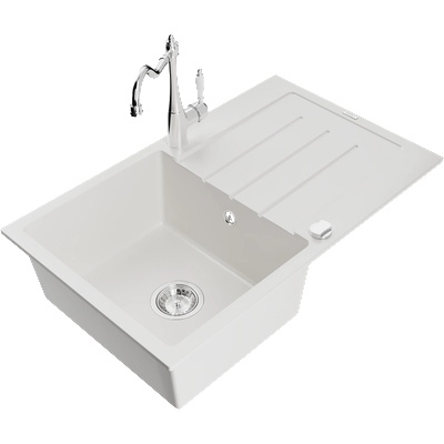 Mexen Bruno гранитна мивка с 1 отделение, отцедник и кухненски смесител Carla, бял - 6513-20-670700-00 (6513-20-670700-00)