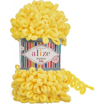 Příze s oky Alize PUFFY FINE pro ruční pletení bez jehlic, 113 žlutá, efektní, 100g/14m
