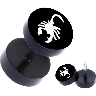 Šperky eshop černý ocelový fake piercing do ucha s potiskem štíra W05.02