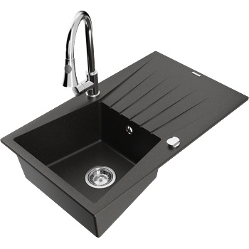 Mexen Cesar гранитна мивка с 1 камера с отцедник и кухненски смесител Elia, черен/златен металик - 6514-75-670101-00 (6514-75-670101-00)