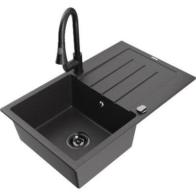 Mexen Bruno гранитна мивка с 1 отделение и отцедник с кухненски смесител Elia, черен на петна - 6513-76-670101-70-B (6513-76-670101-70-B)