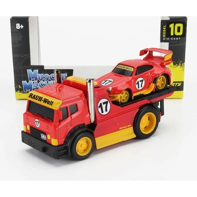 MAISTO TRUCK JDM FLATBED TRUCK CAR TRANSPORTER WITH PORSCHE 911 993 RWB CUSTOM 1996 RED YELLOW 1:64