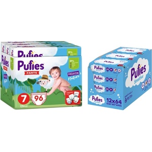 pufies Пелени гащи Pufies Fashion & Nature - Размер 7, 17+ kg, 96 броя + мокри кърпи Pufies Clean Care, 12 х 64 броя (3800024036347+13800024027540) - ozone