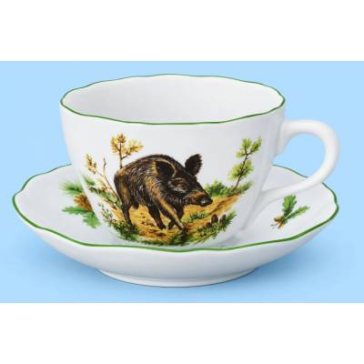 Český Porcelán Dubí Šálka a podšálka D veľký poľovnícky dekor lesná zver 350 ml