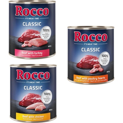 Rocco Classic hydinový mix: hovädzie/kuracie hovädzie/hydinové srdiečka hovädzie/morčacie 6 x 800 g