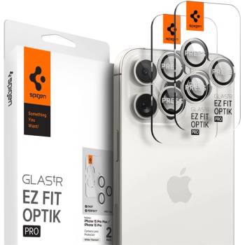 Spigen Glass tR EZ Fit Optik Pro Lens Protector 2 Pack - 2 комплекта предпазни стъклени лещи за камерата на iPhone 16 Pro, iPhone 16 Pro Max, iPhone 15 Pro, iPhone 15 Pro Max (бял)