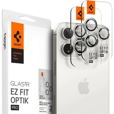 Spigen Glass tR EZ Fit Optik Pro Lens Protector 2 Pack - 2 комплекта предпазни стъклени лещи за камерата на iPhone 16 Pro, iPhone 16 Pro Max, iPhone 15 Pro, iPhone 15 Pro Max (бял)