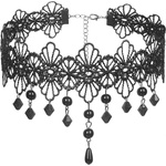 SuperLove Sexy Hollow Lace Floral Bead Pendant Choker Black