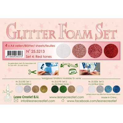 Speciální pěnová guma LEANE na výrobu květin A4 - glitter červené tóny - 4 ks