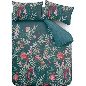 Catherine Lansfield Тъмнозелено двойно удължено спално бельо 230x220 cm Tropical Floral Birds - Catherine Lansfield (BD/56822/W/KQS/GR)