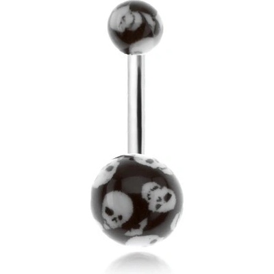Šperky eshop piercing do břicha černé kuličky s motivem lebek W34.14