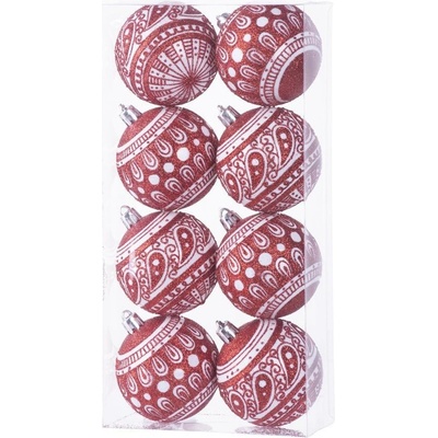 MagicHome Koule 8 ks 6 cm červené s bílým ornamentem na vánoční stromek ST8091067