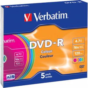 Verbatim 43557 DVD-R 4, 7GB/16x/цветна записваема повърхност/презаписваеми DVD 5бр. /пак (43557)