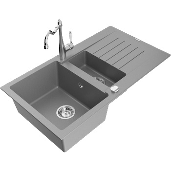 Mexen Matias гранитна кухненска мивка 1, 5-коморна с отцедник и кухненски смесител Carla, сив - 6502-71-670700-00 (6502-71-670700-00)