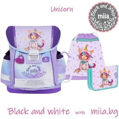 Belmil Ученически комплект раница, мешка и несесер Belmil Black&White Unicorn 32x36x19 см