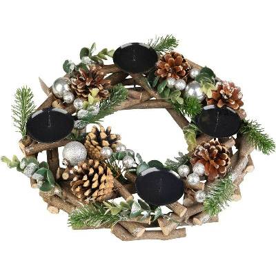 MagicHome Veniec drevený strieborný adventný 30 x 30 x 7 cm