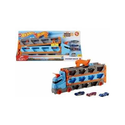 Mattel - 2: 1 car racing track to transporter, including 3 toy cars, with double starter, trigger function and switch, space for 20 cars, toys from 4 years, HGH33