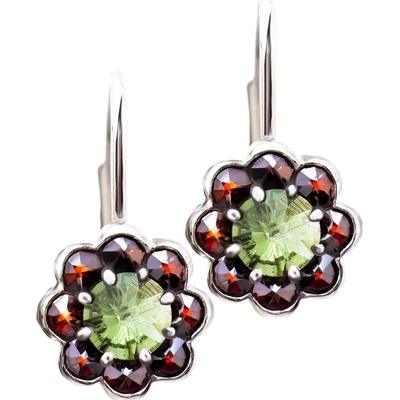 Vesna vltavín a granáty stříbrné náušnice P43475