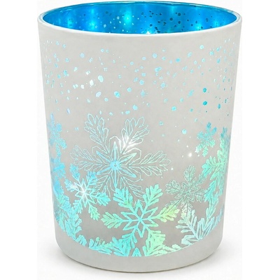 ANDĚL Svítící skleněný válec s motivem vloček – bílý s modrým, o 9 x 12 cm, teplá bílá, 10 LED, – Hledejceny.cz