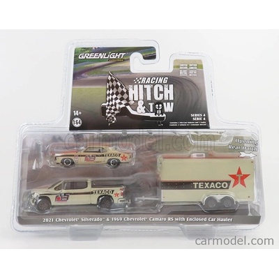 Greenlight Chevrolet Silverado Pick-up 2021 With Trailer + Camaro Rs Texaco Coupe 1969 Beige 1:64