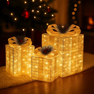 Venkovní LED holografické svítící dárky - sada 3 ks XL/L/M, 120 LED, IP44 - vánoční dekorace pod stromeček – Hledejceny.cz